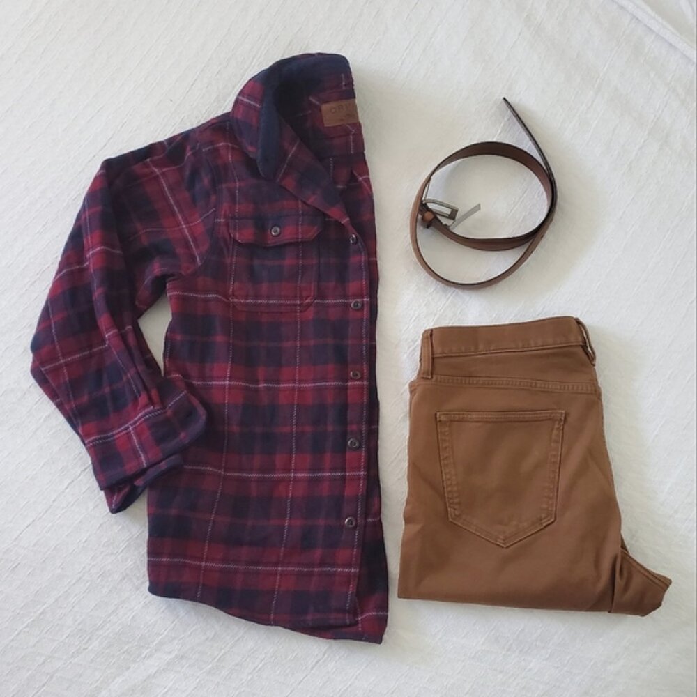 Premium Orvis Thick Burgundy + Blue Premium Plaid Flannel Over Shirt